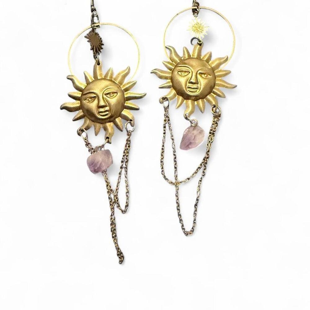 Celestial Sun Face Hoop Earrings Raw Amethyst Chain Dangle Boho Handmade